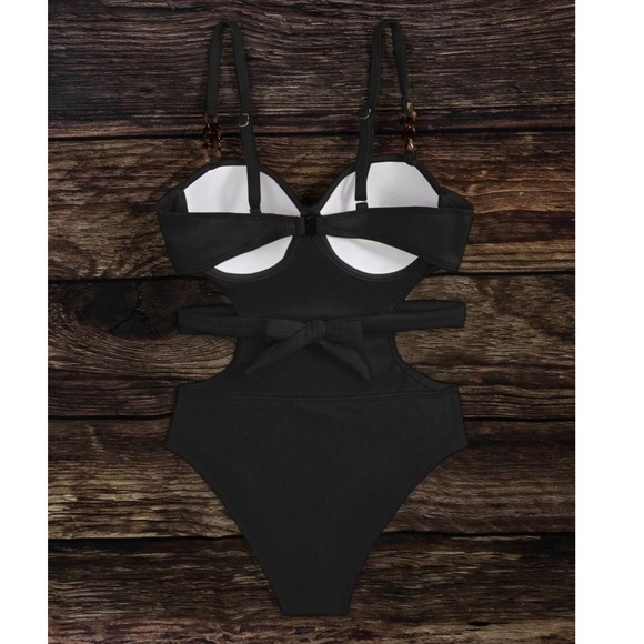 Black Cut out Tie Back Push Up One Piece Monokini Swim - Picture 6 of 6